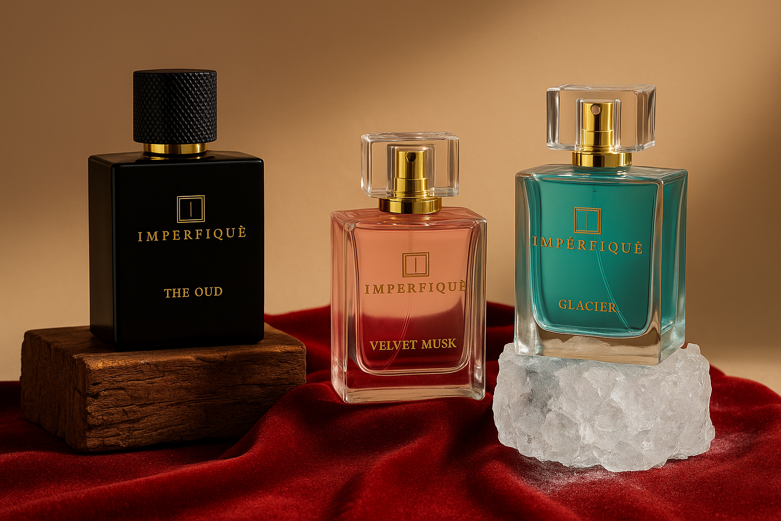 Three Imperifique perfume bottles on a red fabric background